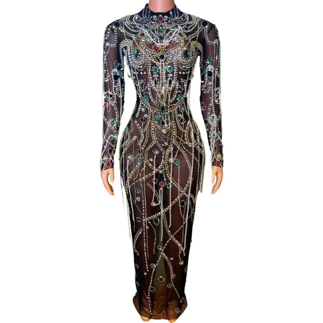 Luxury Birthday Pearl Rhinestone Long Dress For Women Drag Queen Costume Hot Drilling Process Celebrity Stretch Stage Wear