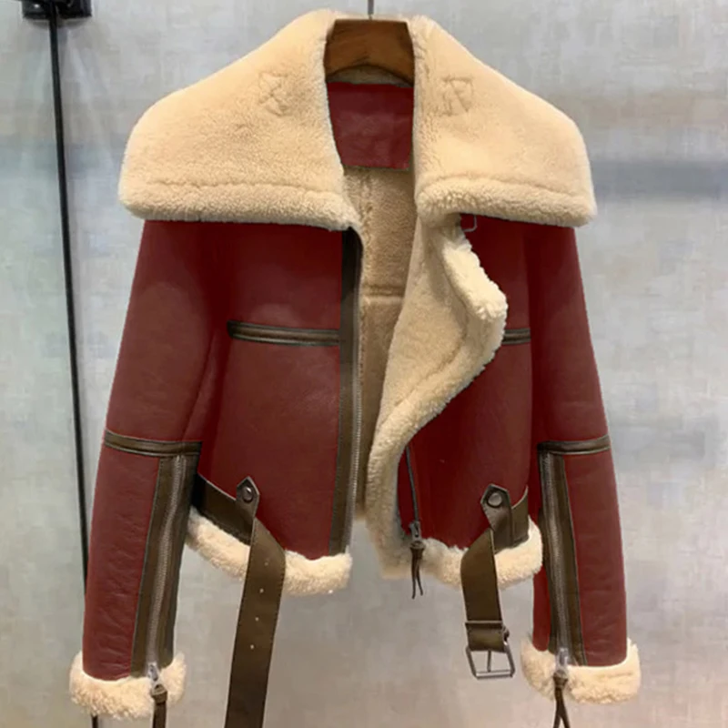 

Winter new green stitching big lapel motorcycle jacket women thickened short fur one-piece sheep WARM OUTWEAR