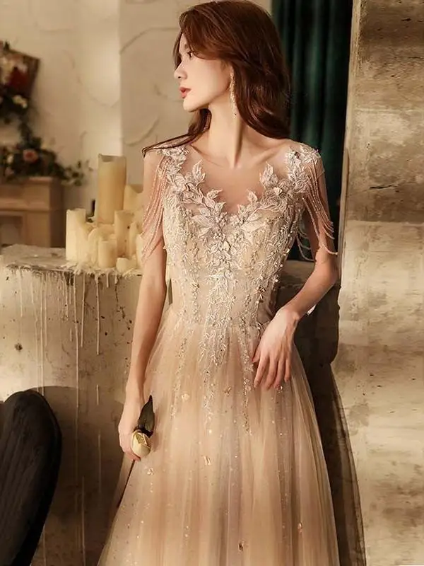 

Ele Long Evening Gown with oulder Tassels 2024 New Sle Host Ball Gown Faionable Deep V Ne ort Sve Midi Dr