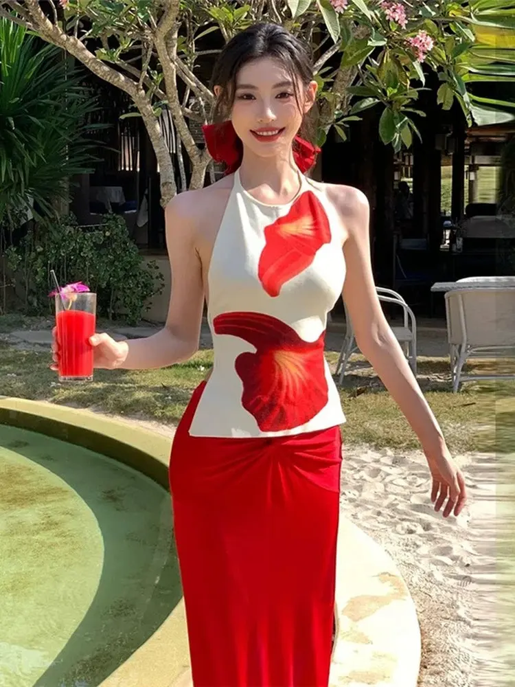 

Sexy Red ter Ne Bikini Set Beach Vaion Women's Partial Body Bal Tee-piece Swimsuit Beach Holiday Swimwear