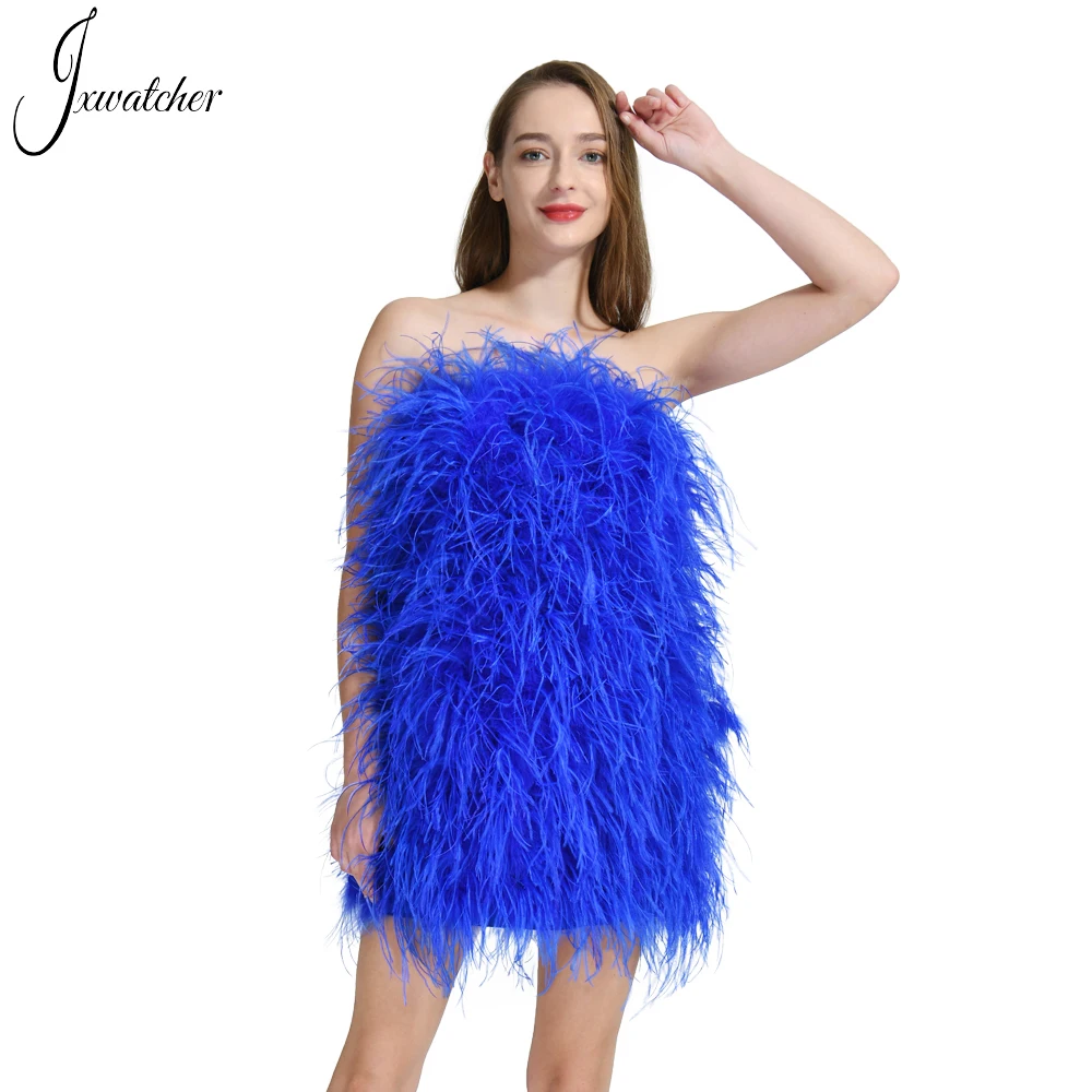 

Jxwatcher Women Real Ostrich Feather Chest Wrapping Dress 2023 New Fashion Sexy Mini Cocktail Dresses Lady Strapless Prom Dress