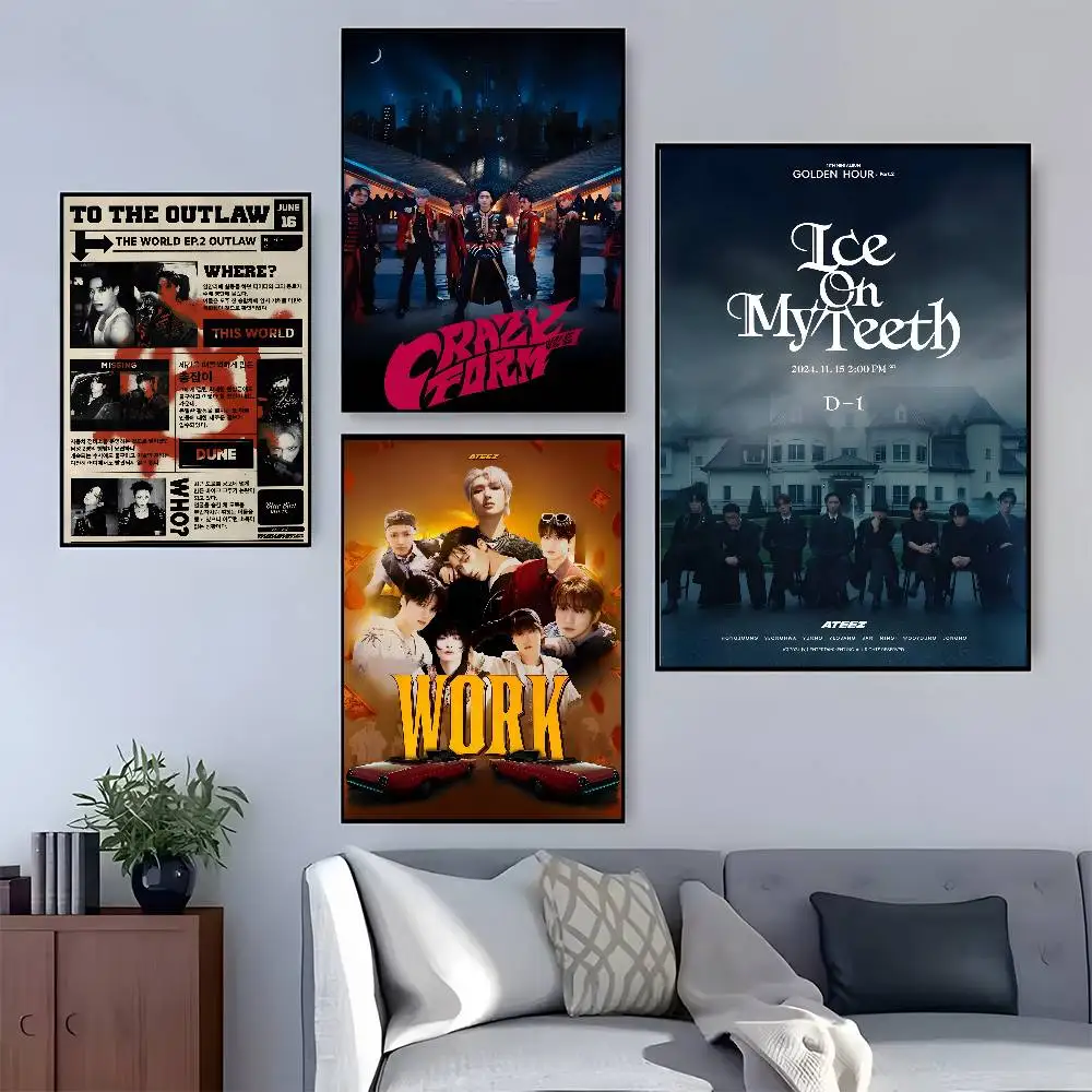 Korean Pop A-ATEEZ Poster HD Home Decor Sticky Wall Waterproof Home Living Room Bar Aesthetic Decor