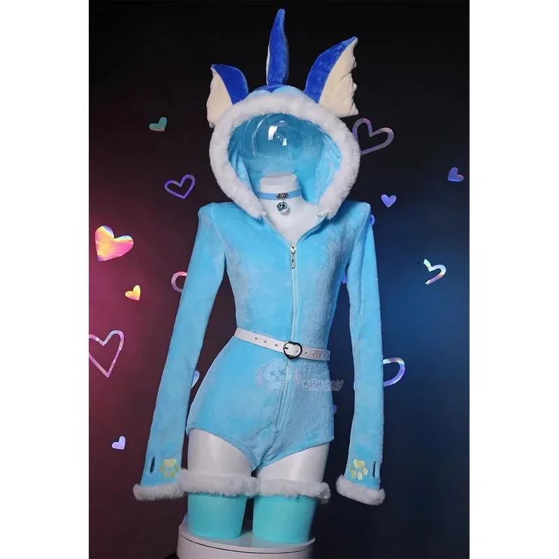 

Anime Derivative Fluffy Bodycon Romper Sexy Lingerie Blue Furry Hooded Bodysuit Vaporeon cosplay Homewear with Tail Belt Socks