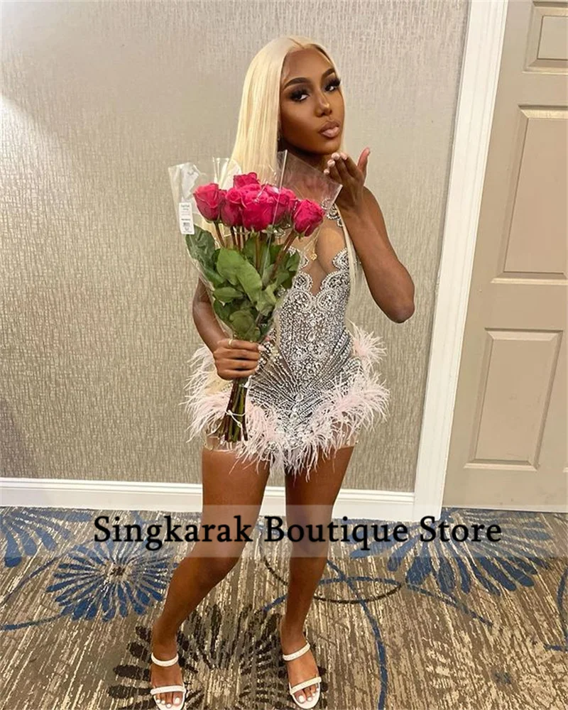 Sexy Black Girl Short Prom Dresses 2024 Luxury Silver Crystals Diamonds Feather Cocktail Gowns For Birthday Party Customized