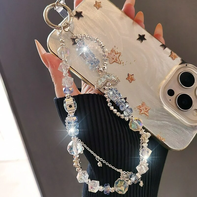 Small Fresh Short Beaded Crystal Mobile Phone Chain, Ins Anti-lost Key Bag Pendant.