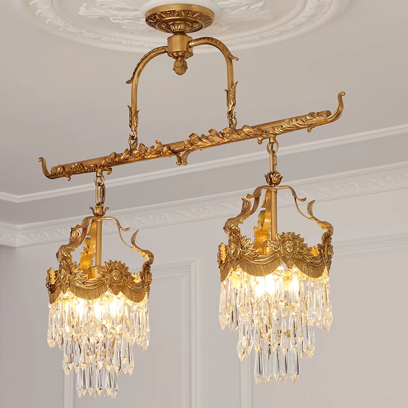 European Luxury Brass Villa Restaurant Pendant Lamp Crystal Chandelier Classical Retro Bedroom Ceiling Copper Hanging Light