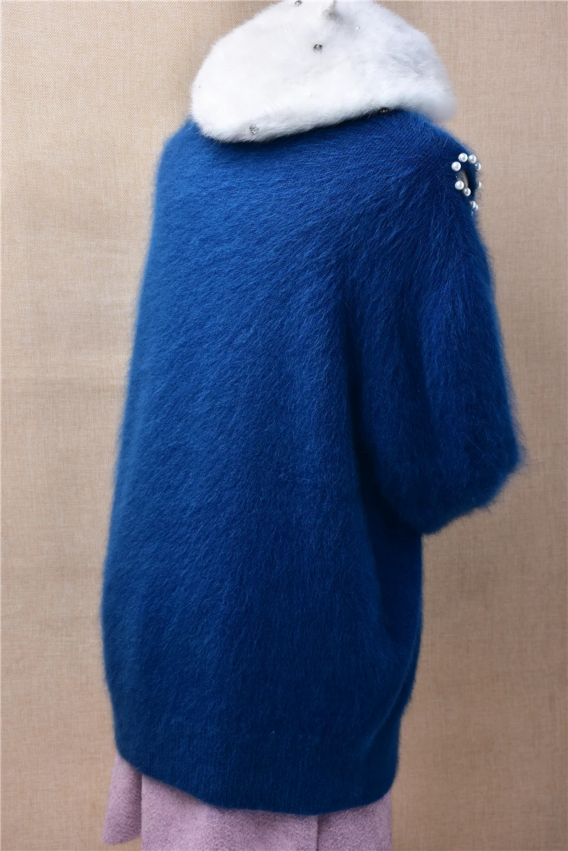 Mujer Otoño Invierno moda coreana peluda Angora conejo pelo tejido cuello redondo mangas con hombros descubiertos rebordear suéter suelto