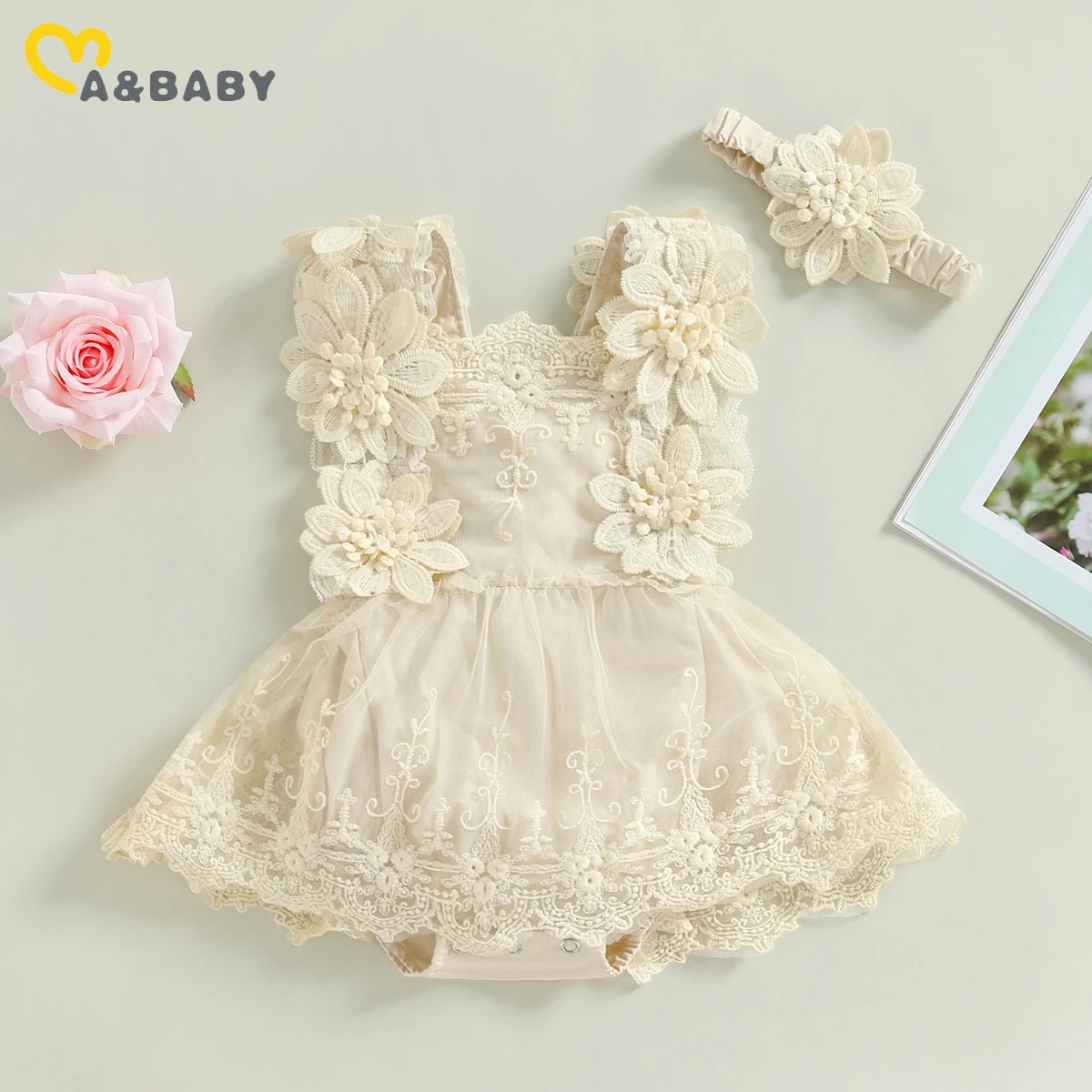 ma&baby 0-18M Baby Girl Romper Newborn Infant Toddler Jumpsuit + Headband Princess Tulle Floral Embroidery  Birthday  Outfits