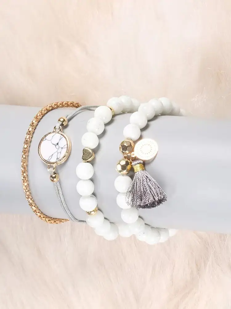 

4Pcs/set Boho Bangle For women Heart Pine stone bead tassel Charm Bead Bracelet Set Bohemian Jewelry