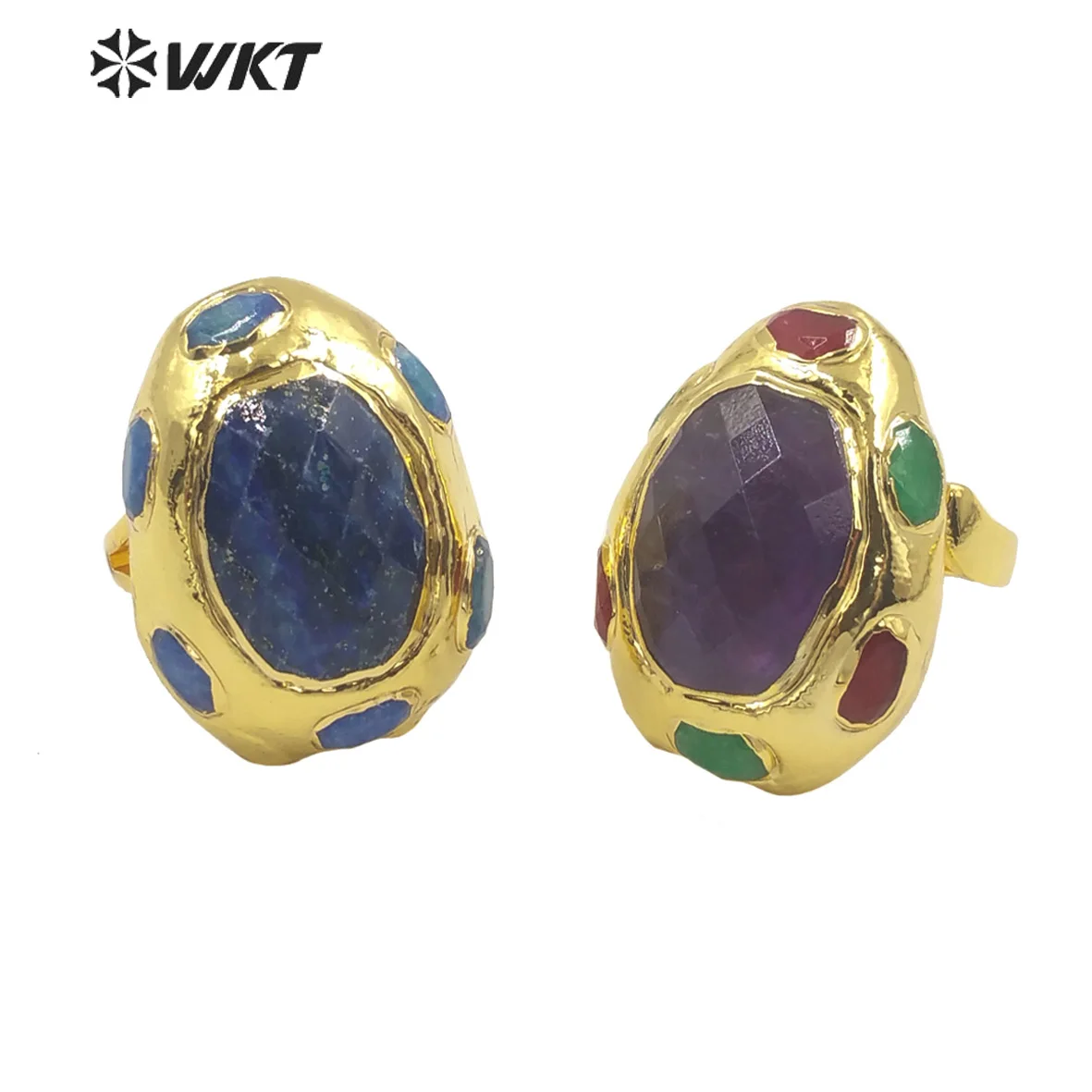 WT-R405 WKT Natural Stone Rings Distinctive Colorful Gemstone Ring Oval Purple Stone Blue Stone Lady Jewelry Fashion Open Ring