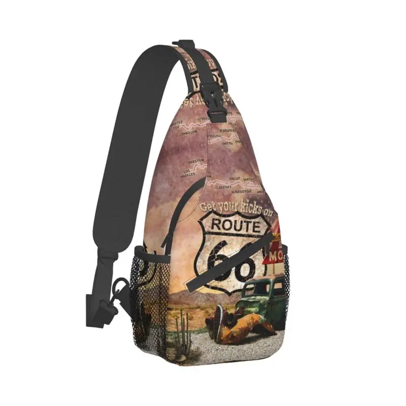 Cool Get Your Kicks On Route 66 mochila cruzada para hombre, bolso de hombro para el pecho, bolso de viaje para ciclismo, señal de carretera de EE. UU.