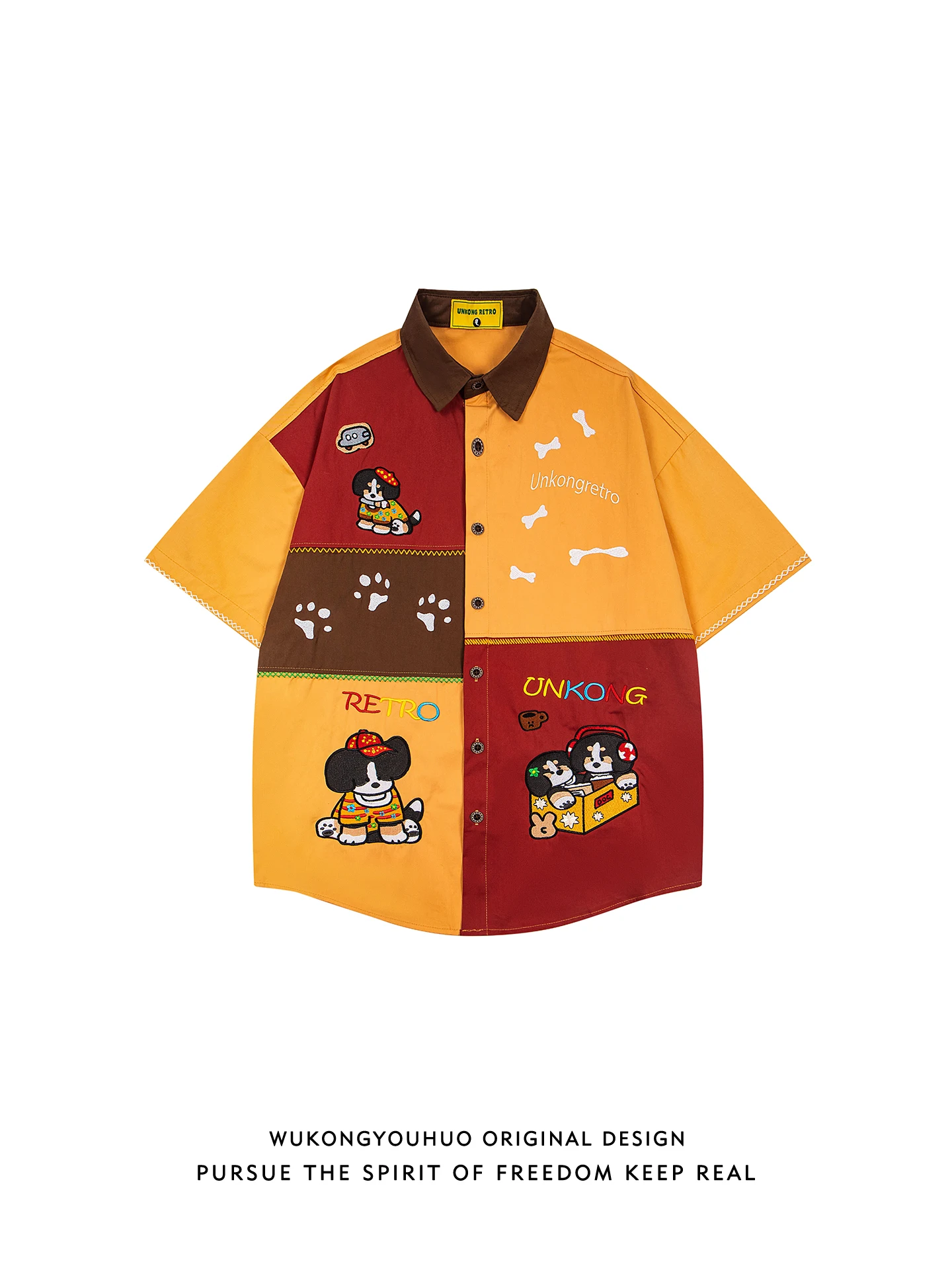 

Летняя мужская рубашка свободного кроя с мультяшной вышивкой и цветными вставками, повседневная, молодежная, модная, брендовая, для пар, свободного кроя, для отдыха