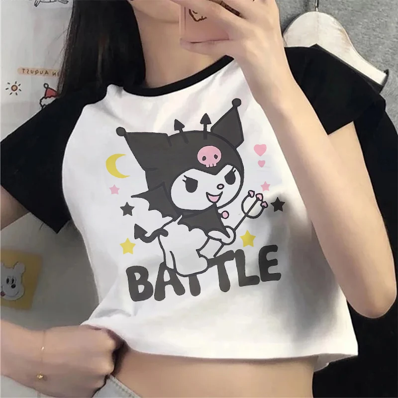 Gotik Kırpma Üst Kuromi T Gömlek Kırpılmış Sanrio Kuromi Kadın Manga T-shirt Grafik Tshirt streetwear en Tees Kadın