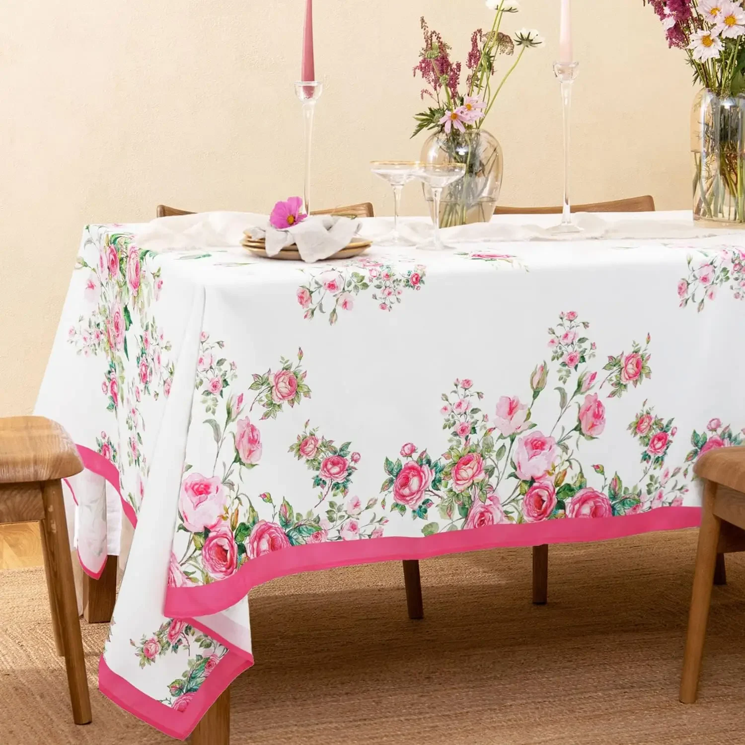 Pink Flowers Print Rectangle Tablecloth Table Decor Spring Summer Waterproof Table Covers for Kitchen Dining Wedding Party Decor