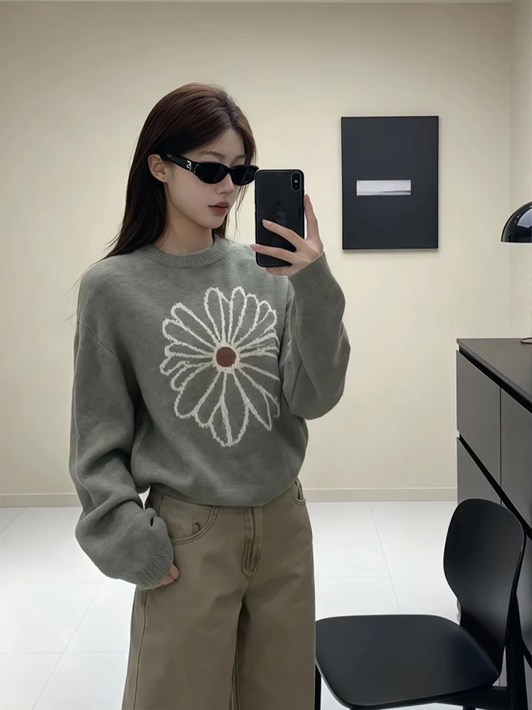 

Корейский вязаный свитер с круглым вырезом и принтом ромашек, женский, простой, с длинными рукавами, осенне-зимняя новинка