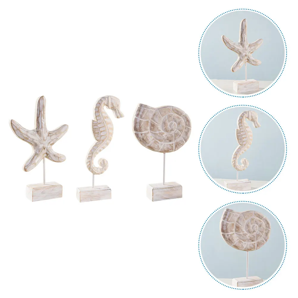 

1Set Wooden Seahorse Star Conch Decor Decorative Tabletop Ornament Desktop Adornment Gift Set Wooden Conch Decor