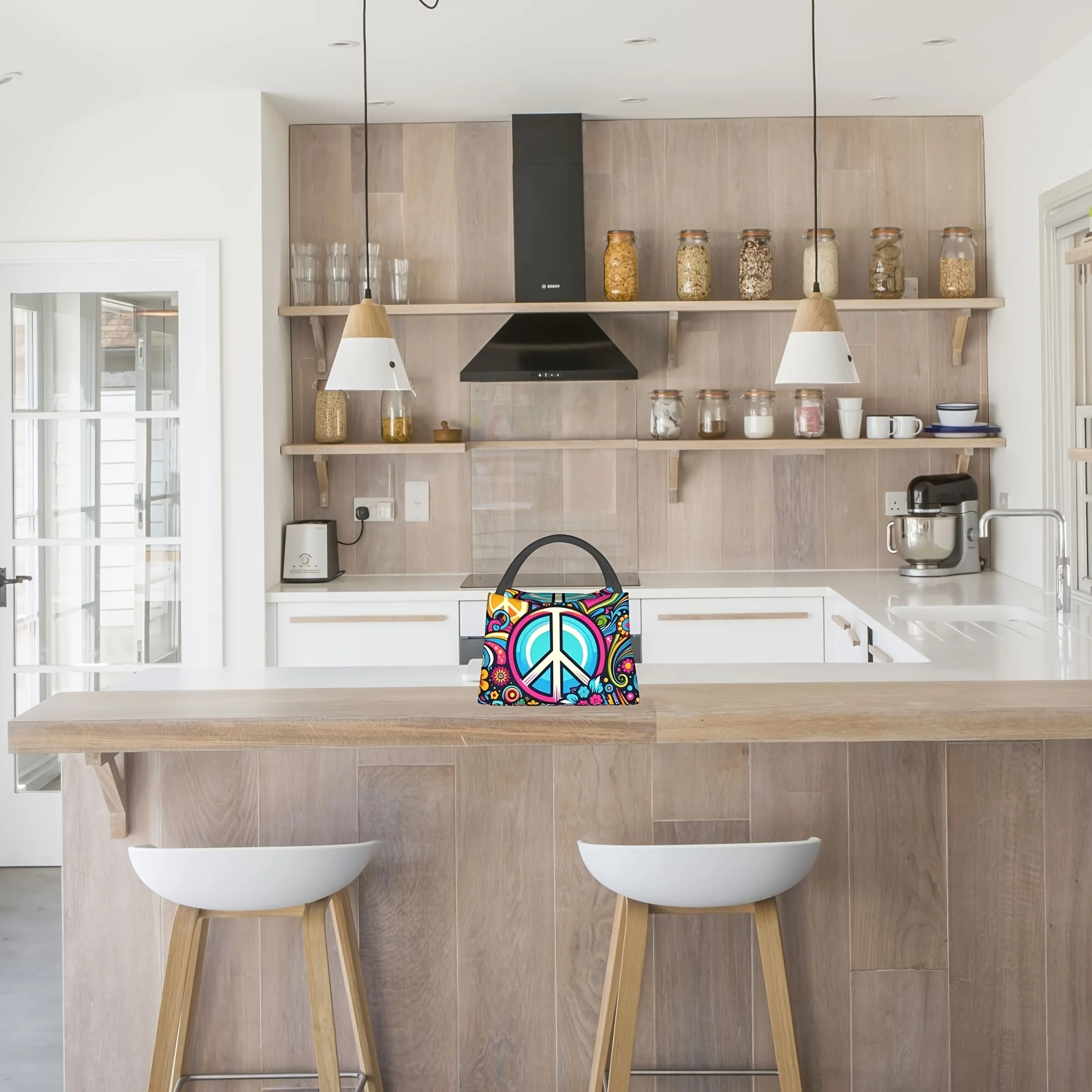 Vibrant Peace Sign Pattern Portable Insulated Cooler Bag - Reusable Lunch Tote for Camping, Picnics, Beach Outings