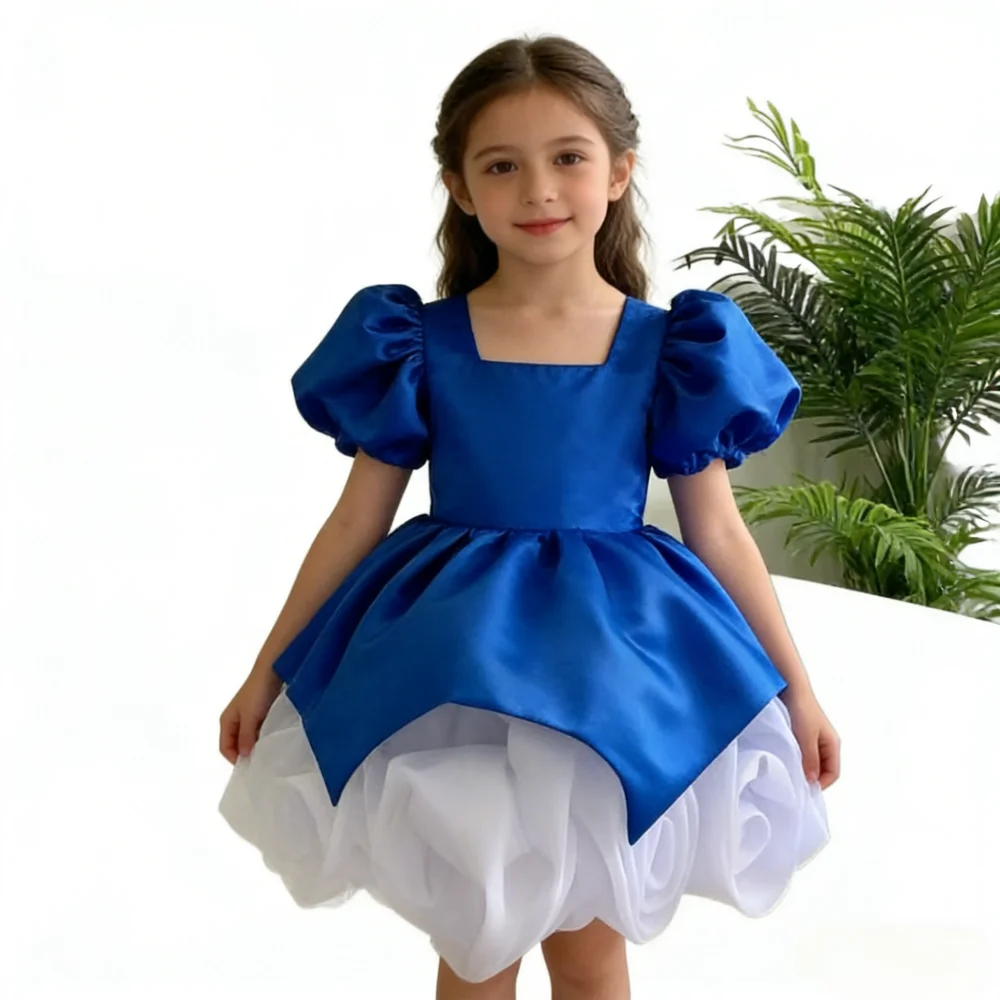 Elegant 3D Floral Dresses New Years Girl Clothes Host Outfit Birthday Costume Dress Children Puff Sleeve Vestido Kid Pageant