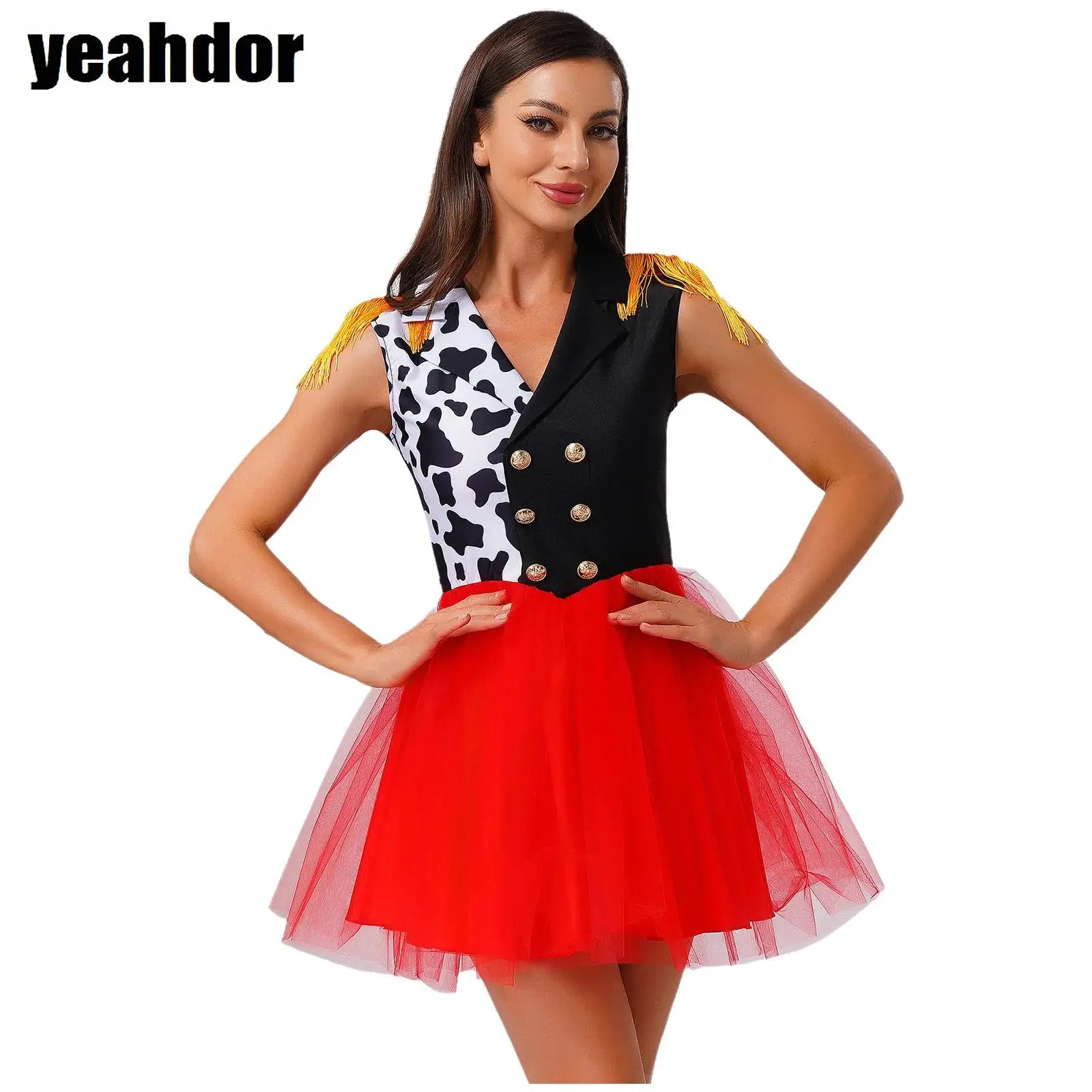 

Women Circus Ringmaster Cosplay Dress Sleeveless Tassel Epaulets Cowgirl Tulle Dress Ballet Tutu Halloween Killers Clown Costume