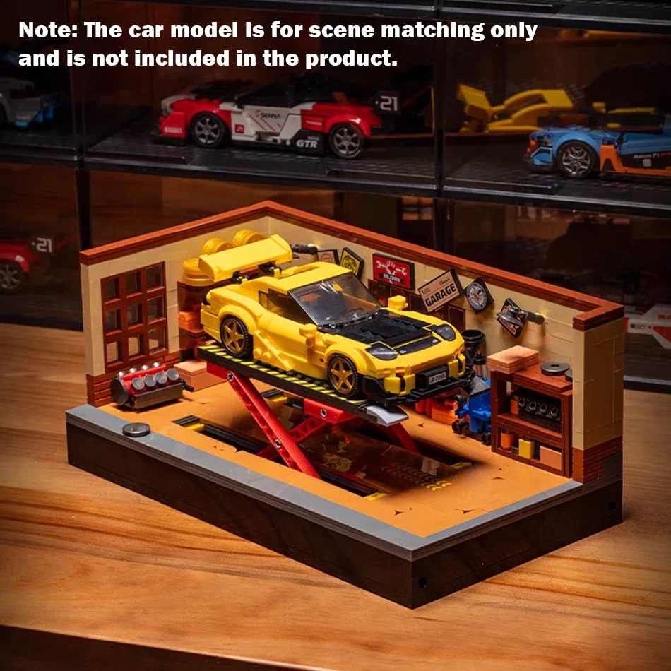 

City Speed Champion Racer, винтажная сцена для гаража, строительные блоки, мастерская по ремонту автомобилей, подъемная платформа, кирпичи, игрушка в подарок