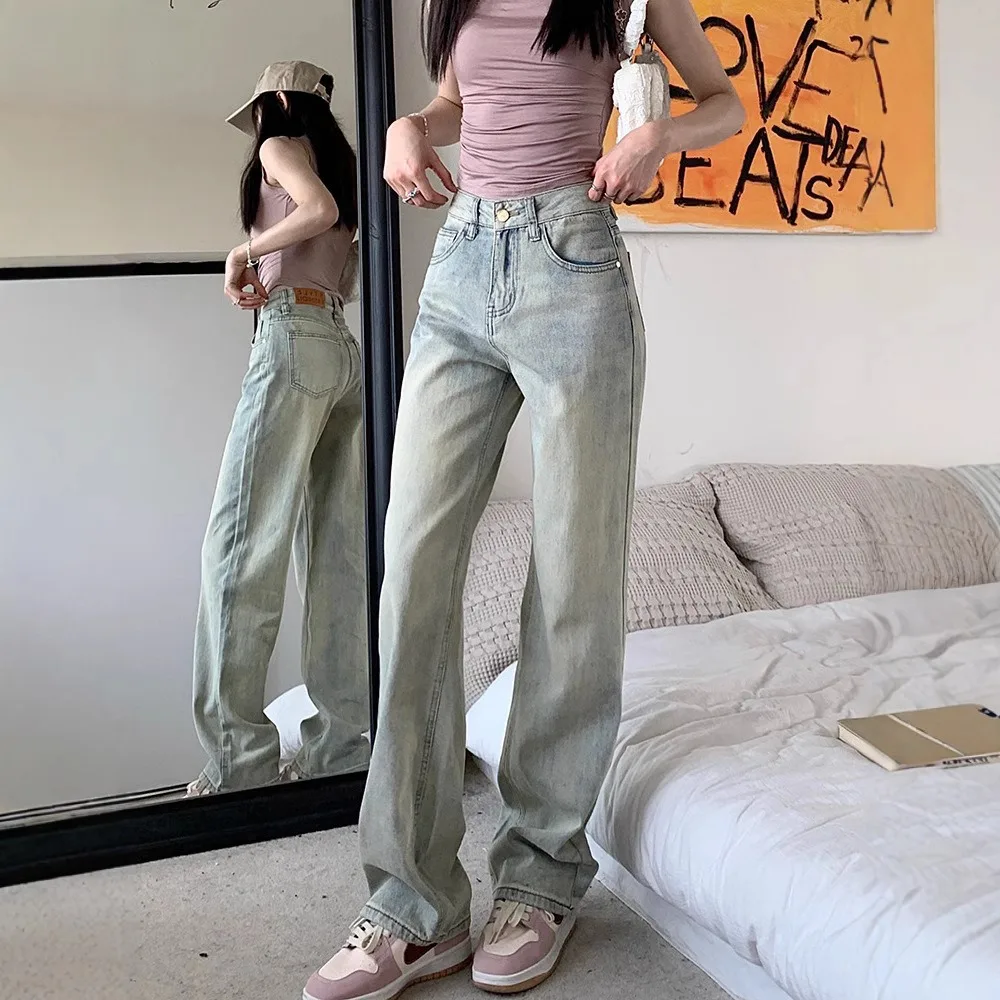 

Women's spring and autumn American retro light straight high-waisted slimming drape jeans for women Classic elegance Versatile