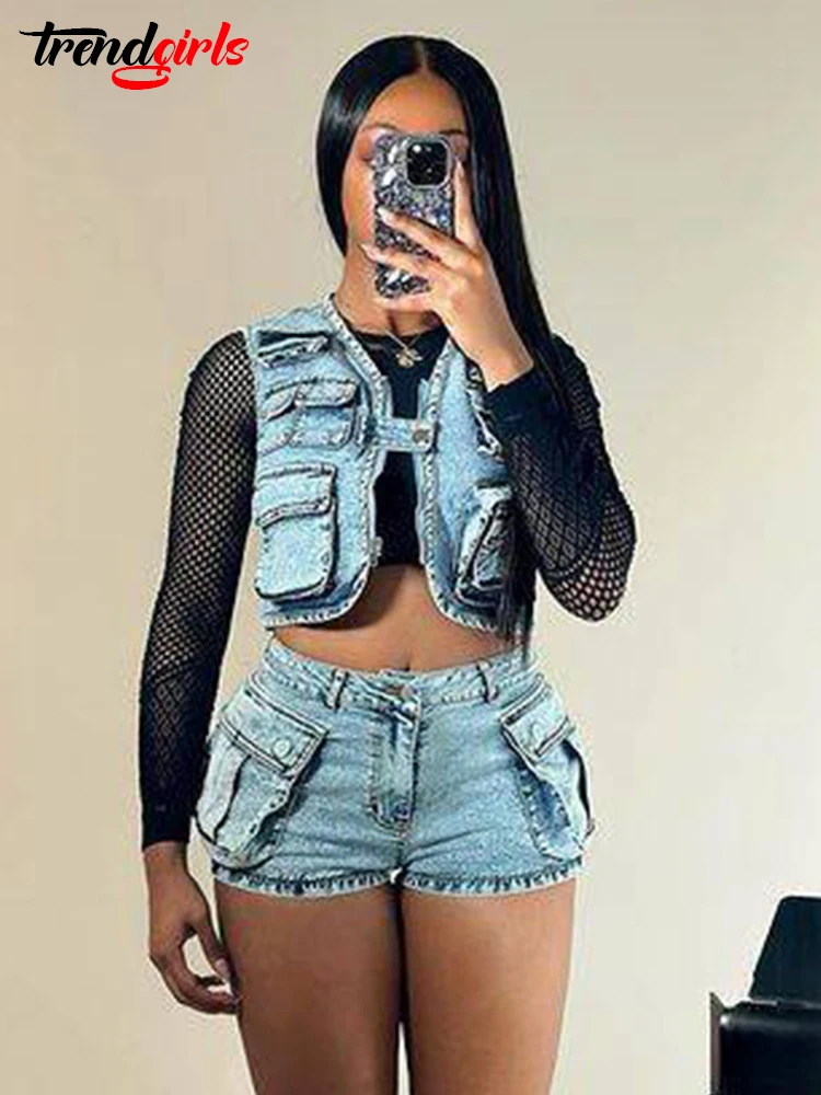 Mlaiscsr Multi Pockets Stretch Jeans Sets for Women 2 pieces Denim Shorts Sleeveless Vest Crop Tops Birthday Club Beach Outfits