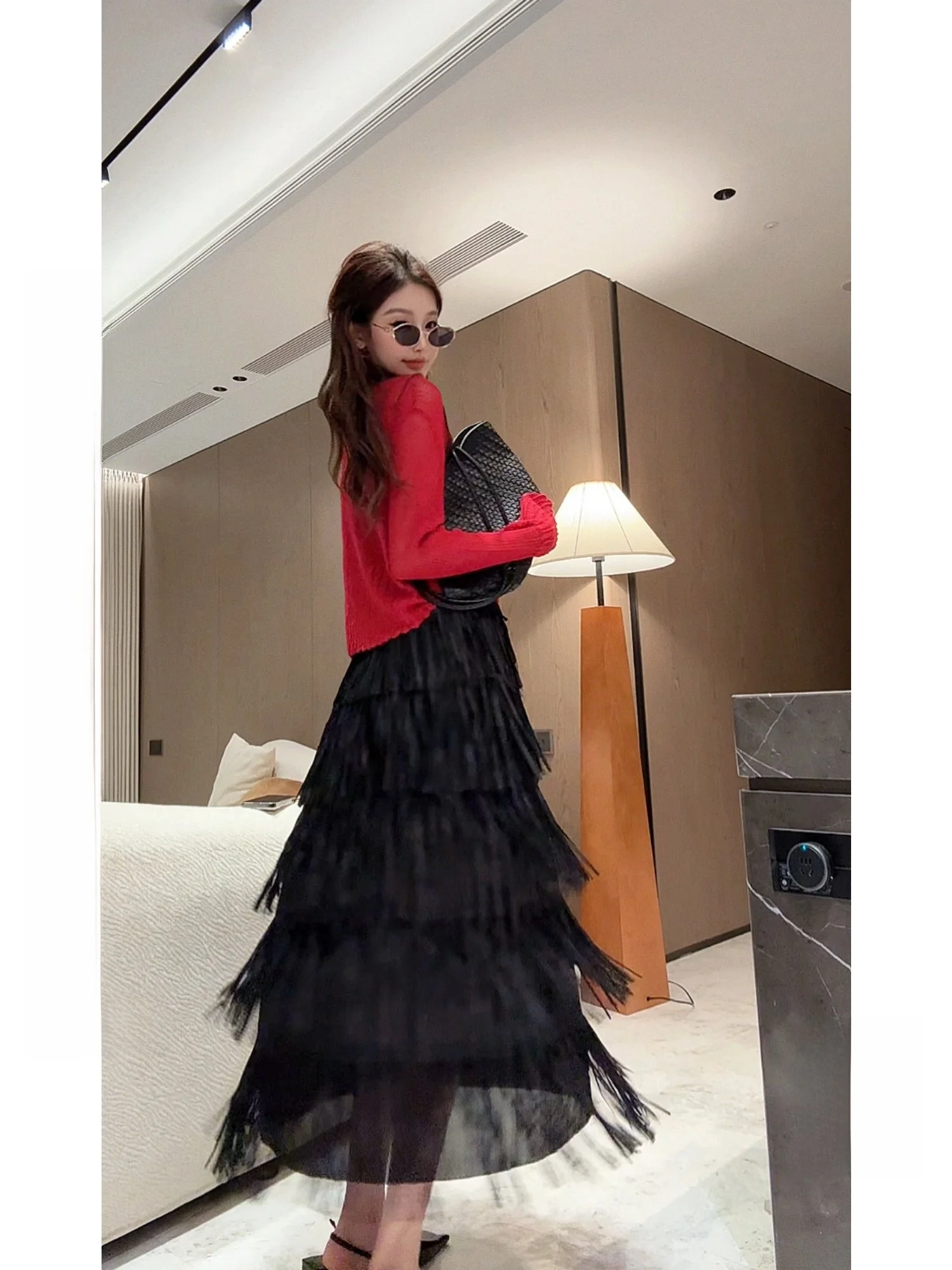 

Новая женская роскошная длинная юбка-миди А-силуэта Dadada Pink Fog с бахромой, плиссированная, из полиэстера, с завышенной талией