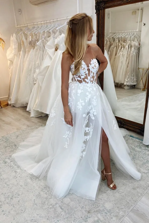 Customized A Line Women Wedding Dresses Side Slit Appliques Court Train Bridal Gowns Formal Occasion