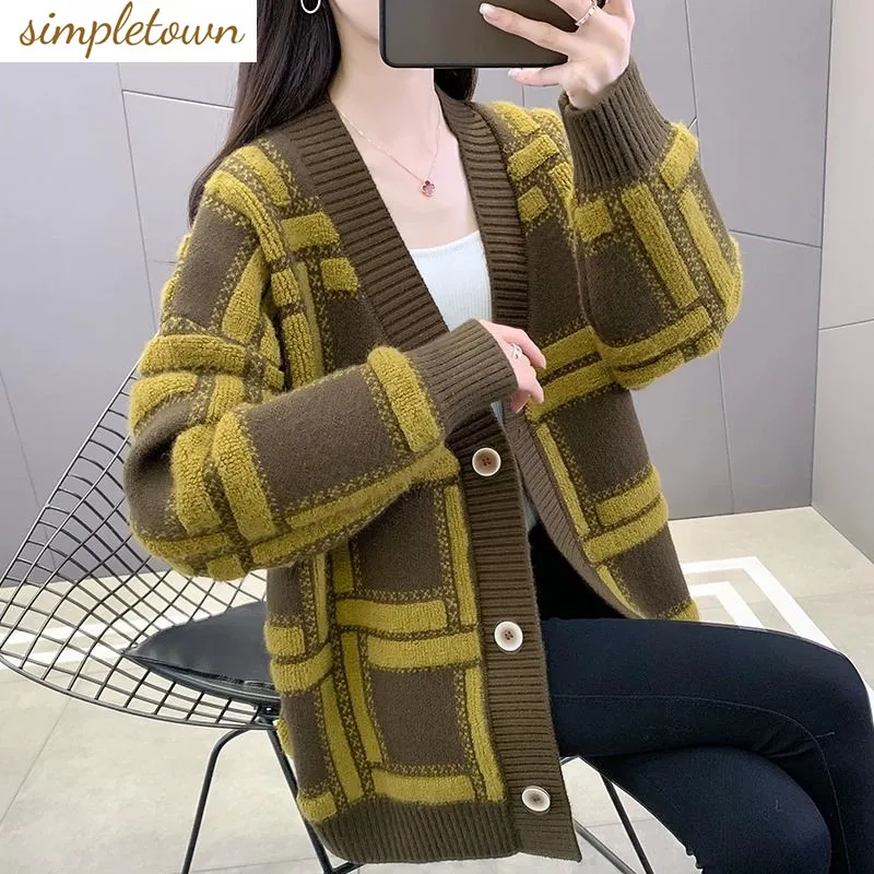 Autumn and Winter Checkered Contrast Knitted Cardigan Women\'s 2023 New Korean Version Loose and Fashionable Women\'s Coat