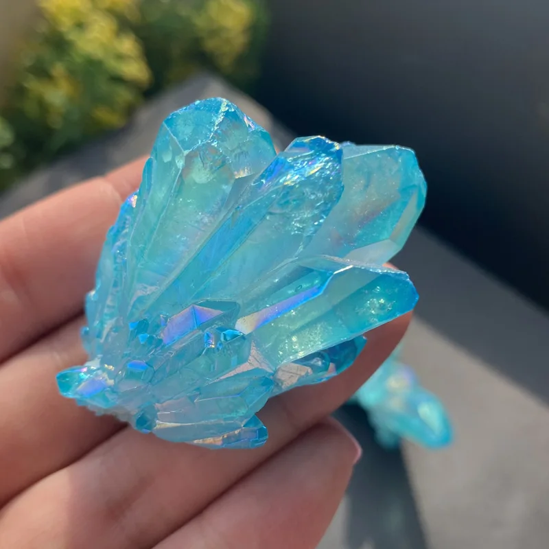 Natural Sky Blue Angel Aura Quartz Electroplating Titanium Crystal Cluster Stone Specimens Cured Coating Healing Crystals