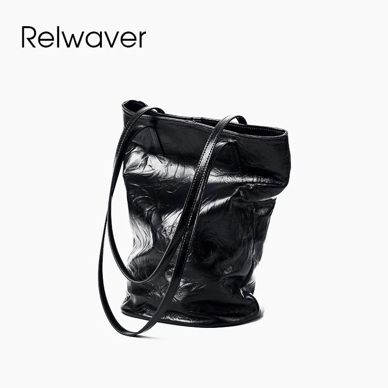 

Relwaver wrinkle cow leather women tote bag genuine leather big shoulder bag 2024 spring summer women handbags commuting bucket