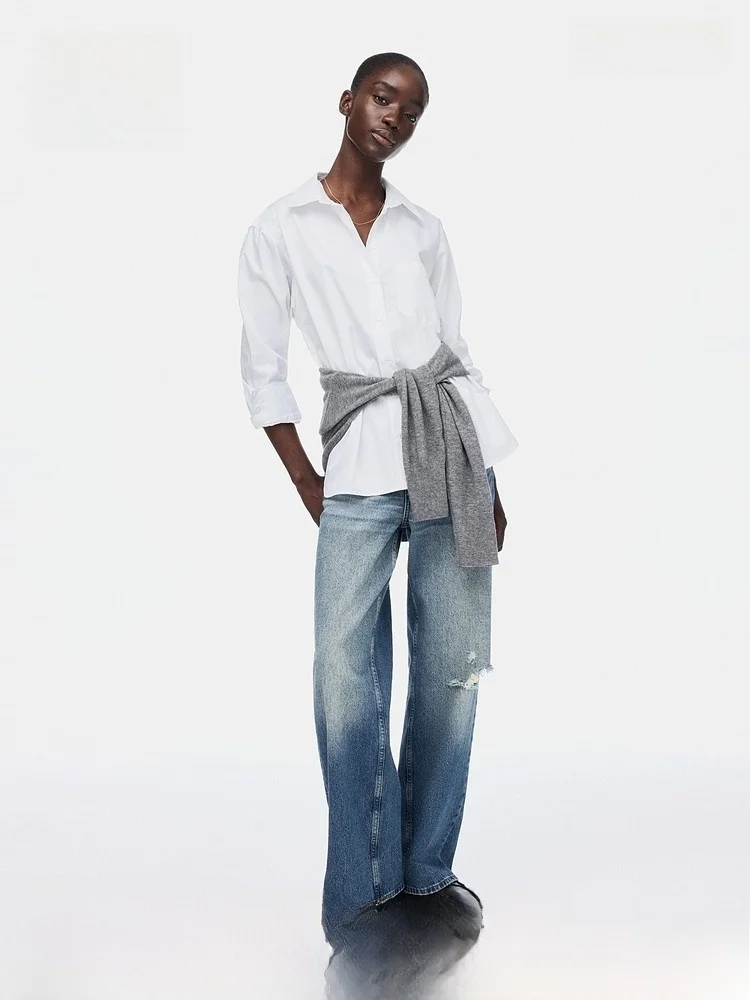 

Новая весенняя женская рубашка свободного кроя H&M, повседневная, с длинным рукавом, на пуговицах, из хлопка, модная, премиум-класса