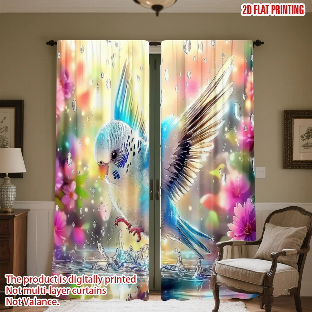 

2D flat printing 2pcs Window Drapes Colorful Bird with Flowers Digital Printed Polyester Drapes Birthday Party Perfect for