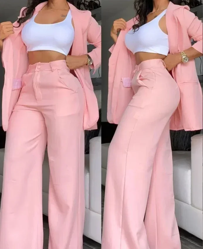 

Two Piece Set Female Outifits Fashion Notched Collar Coat & Pocket Design Trouser Suit Elegant Autumn Women's Blazer Pants 2024