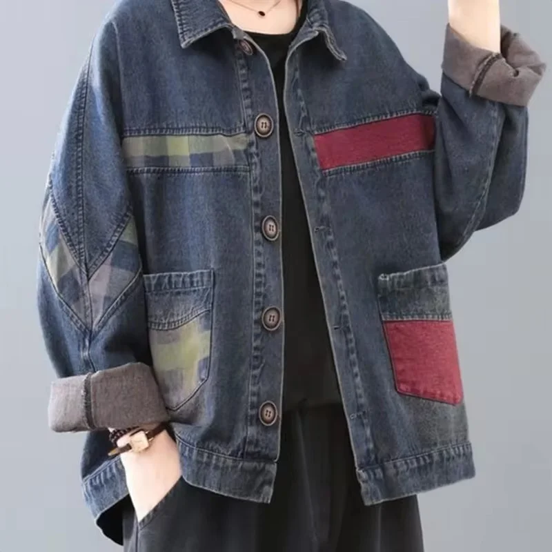 Jaket Denim wanita ukuran besar, baju Luaran Denim tebal kasual Retro gaya artistik musim gugur dan dingin