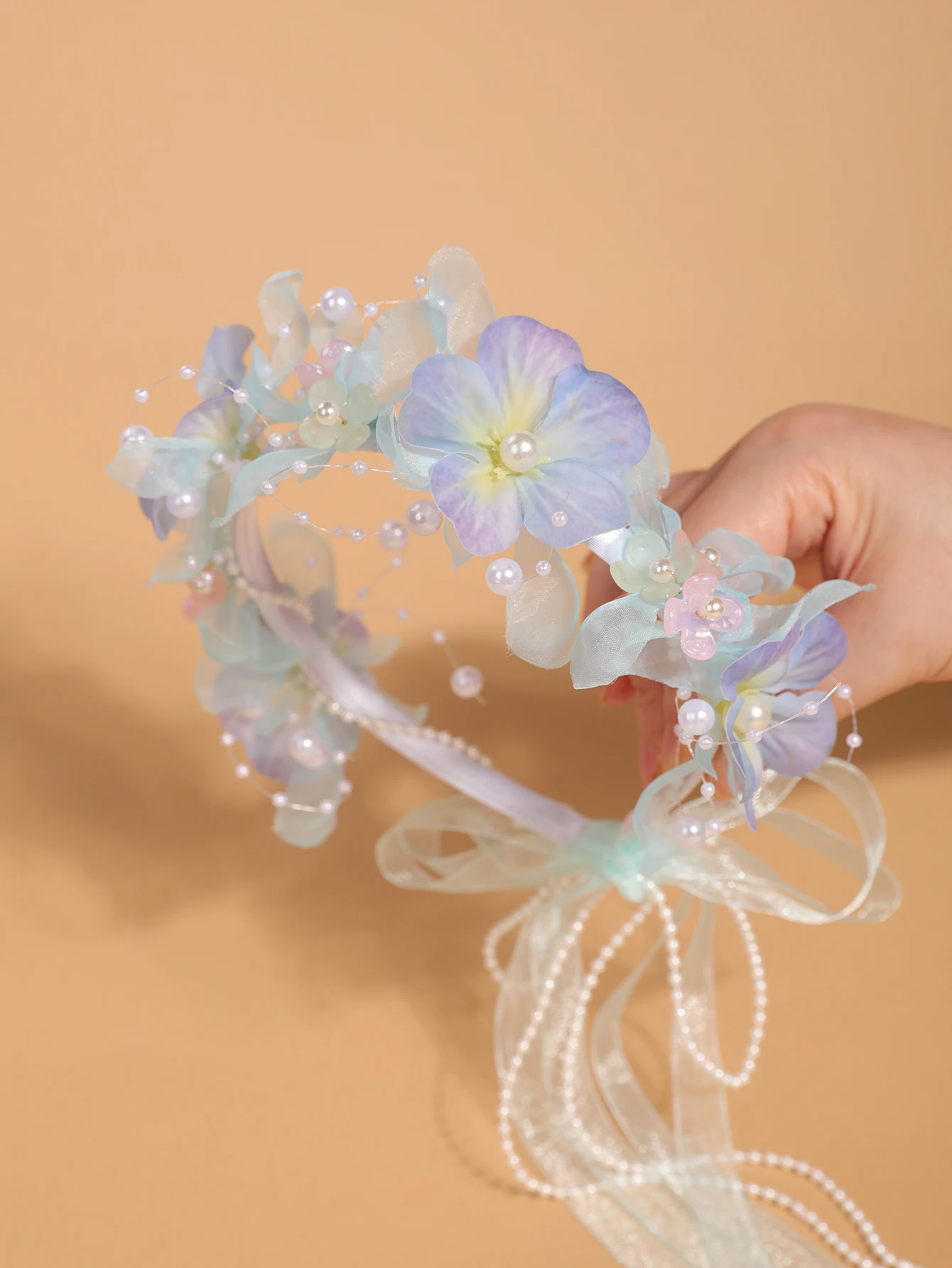 Dreamy Gradient Tulle Flower Pearl Headband Soft Style Lolita Headband for Photography Dates Fairy Atmosphere Tassel Hair Accessory