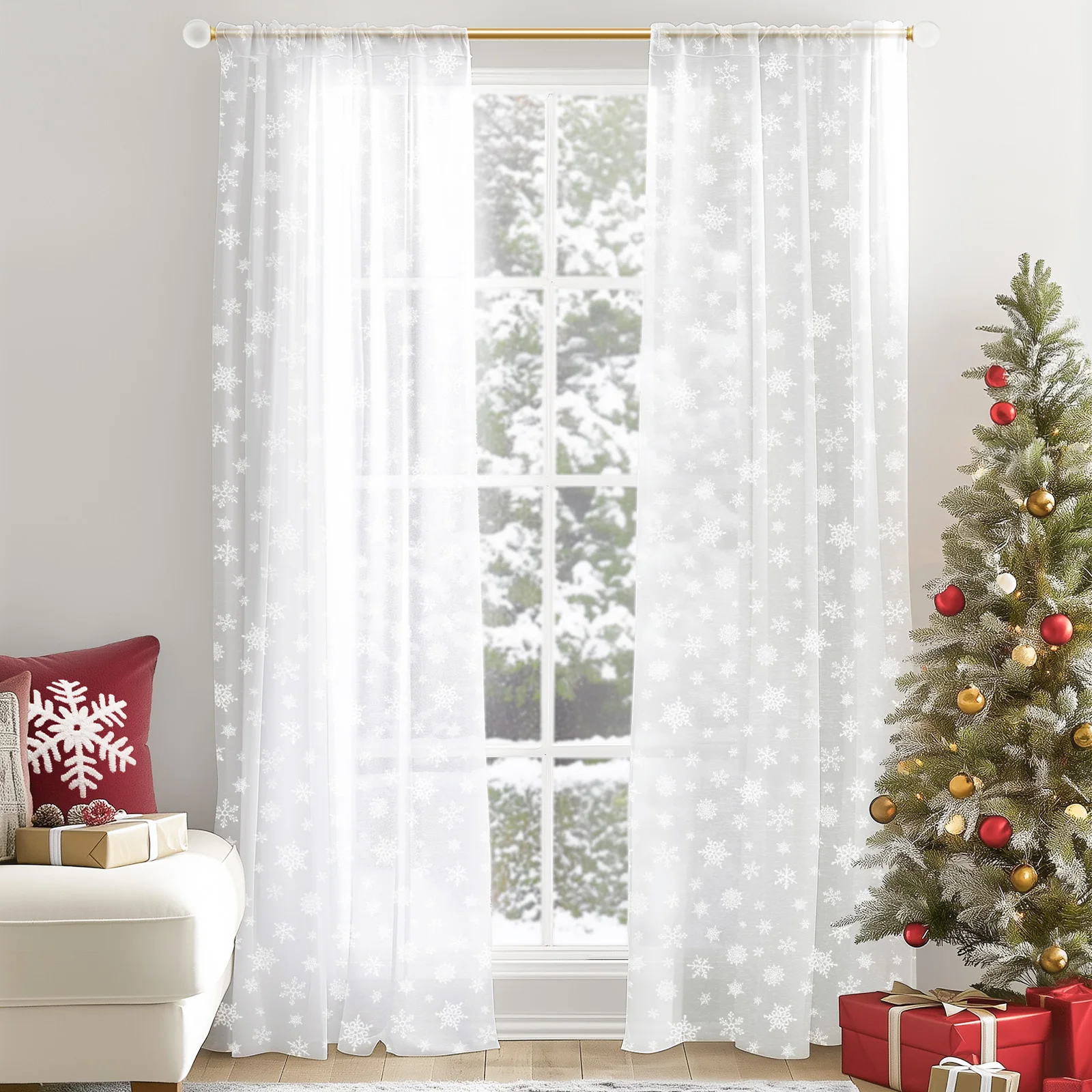 JINCHAN 2PC Christmas Snowflake Curtains For Living Room Bedroom White Sheer Snow Window Curtain Rod Pocket Winter Curtain Decor