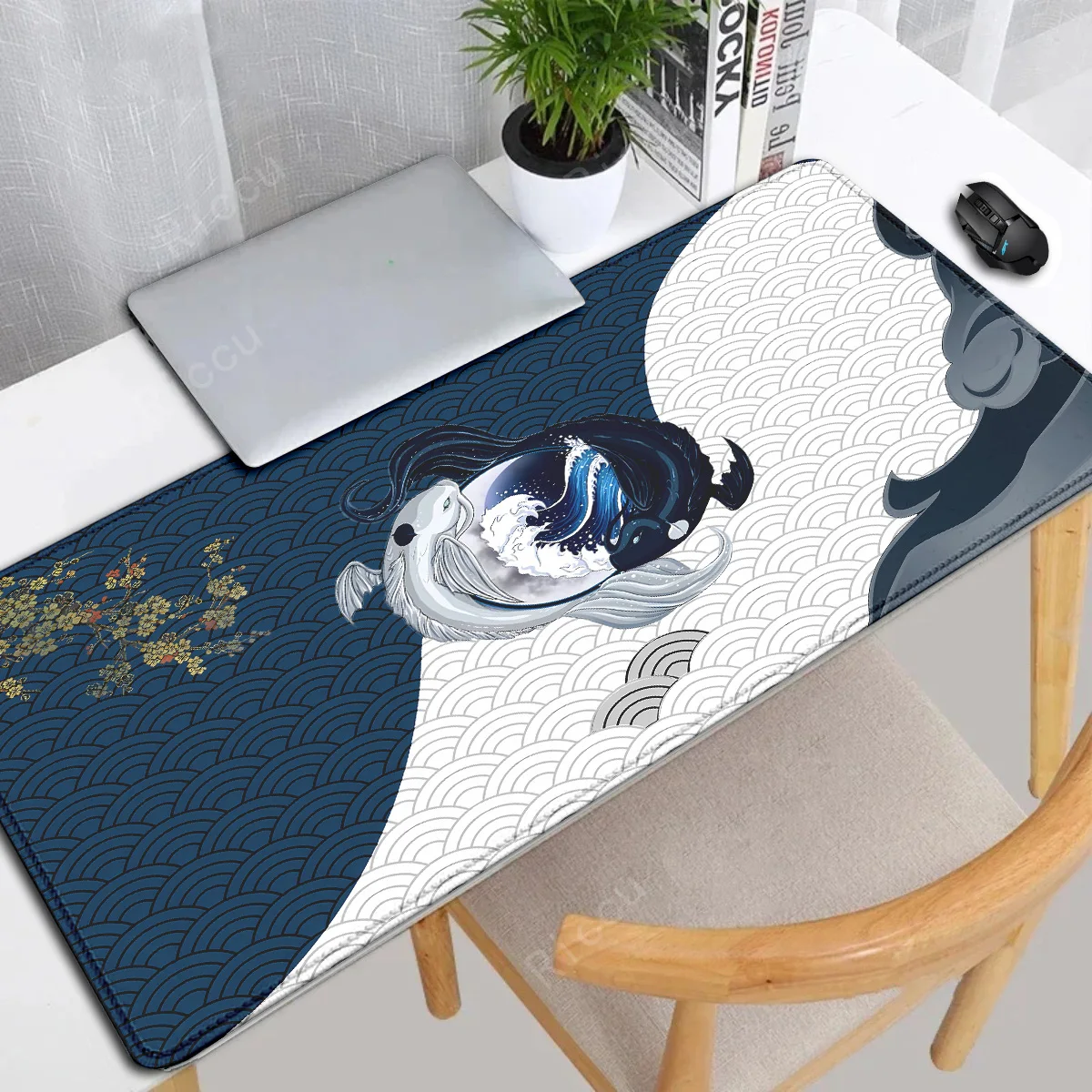 Imagem -03 - Tapete de Mesa Japonês para Deskmat de Jogos Borracha Mousepad Preto e Branco Peixe Koi Arte Japonesa Selo Yin-yang Grande Xxl