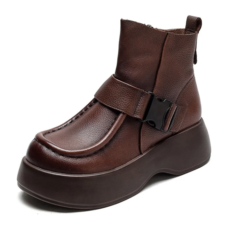 

Женские ботильоны ручной работы на танкетке в стиле ретро, осенне-зимние повседневные ботинки из натуральной коровьей кожи на массивной платформе и молнии