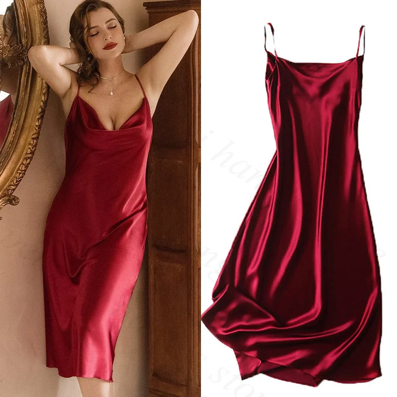 Plus Size 3Xl 4Xl 5Xl Nightgown Lady Sexy Swing Collar Nightdress Long Lingerie Women Summer New Satin Sleepwear Nightwear