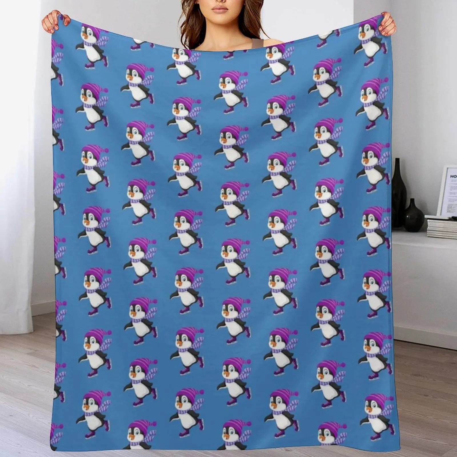 

Cute Penguin Ice Skating Purple Hat Skates Throw Blanket for sofa wednesday Nap Picnic Blankets