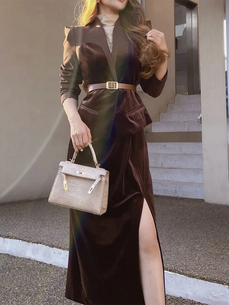 Dabuwawa Velvet Slit Skirt Vintage Women 2023 New Collection Preppy Style Empire Long Korean Reviews Many Clothes DM1CSK018