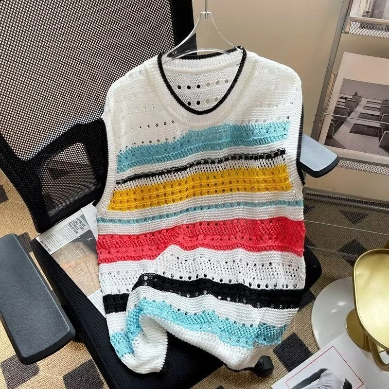 

Американский модный мужской вязаный жилет, красочный ажурный пуловер без рукавов, спортивная повседневная многослойная верхняя одежда с круглым вырезом