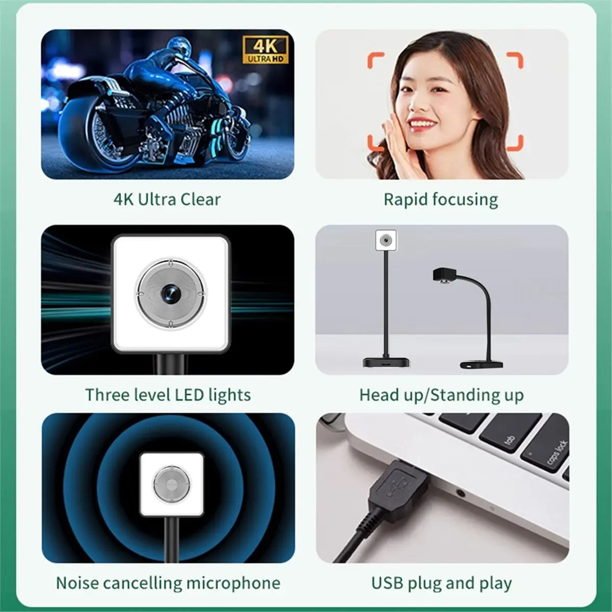 REST 4K Document Camera with Autofocus Microphone Three-Level LED Fill Light Plug and Play Ideal for Teachers, Students