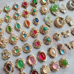 10pcs Retro Palace Round Oval Flowers Style Zircon Metal Nails Jewelry Decorations Nail Art Accessories Charms Parts Supplies