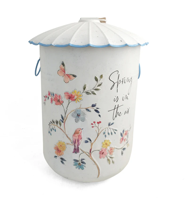 

Decorative Floral Storage Basket with Lid, White, Spring Bird Pattern, Turquoise Trim, 34cm x 47cm, for Home Garden