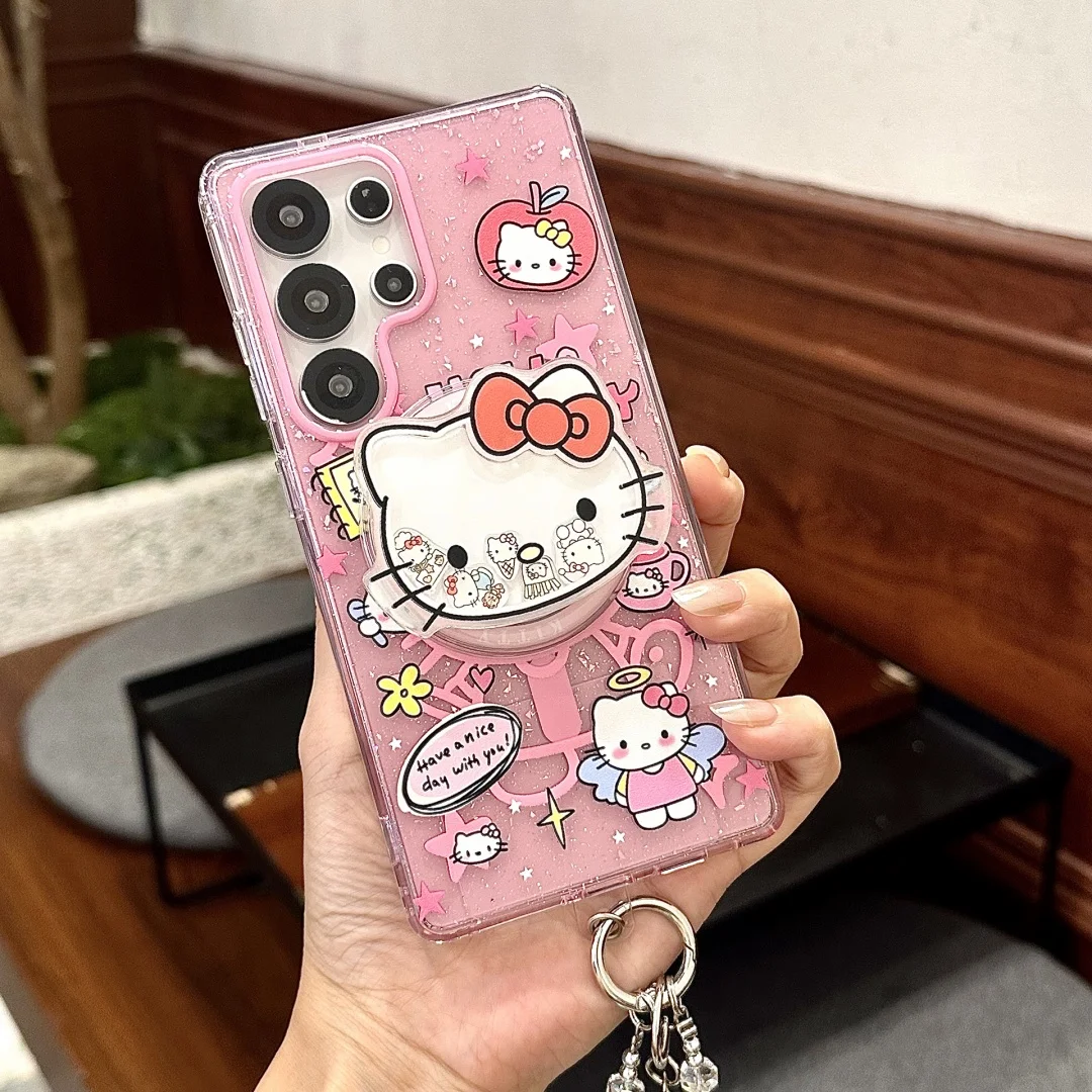 

Lovely Line Hello Kitty Melody Magnetic holder Case For Samsung Galaxy S25 Ultra S24 Plus S23 FE Magsafe Wireless Charge Cover