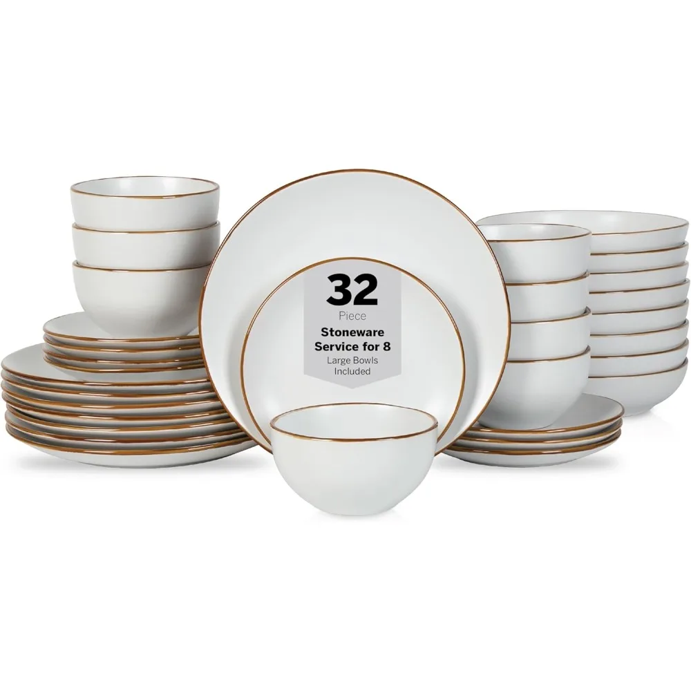 Brasa Modern Stoneware 32 Piece Dinnerware Sets, Plates and bowls Sets, Dish Set for 8, White