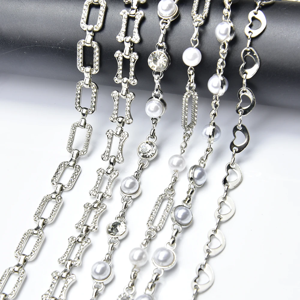 1 Yard Pearl Crystal Cup Chain with Connector Diy Clothing Dress Belt Rhinestone Sling Shoulder Strap Trim