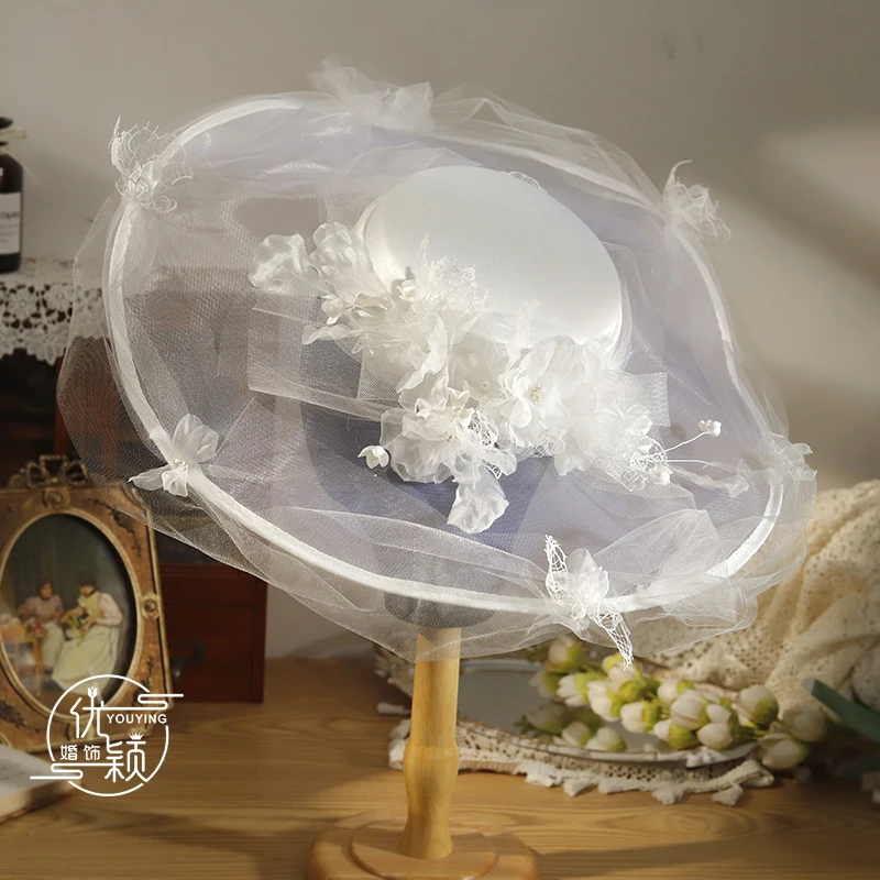 French Style Bride White Satin Wedding Hat Floppy Mesh Brim Fedoras Headwear Elegant Ladies Formal Party Cocktail Fascinator Hat